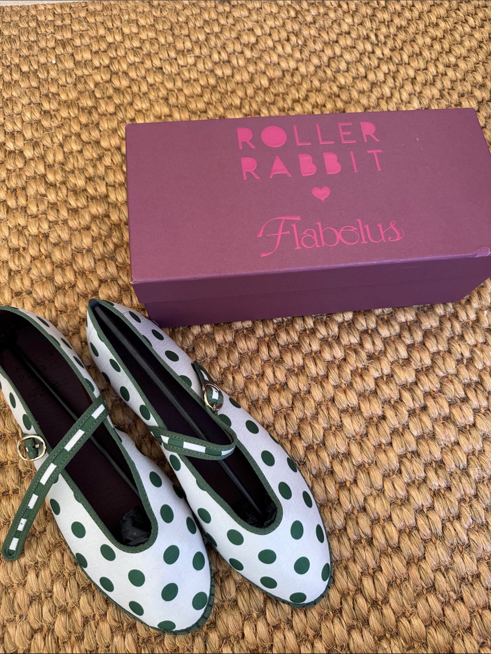 Flabelus Roller Rabbit White and Green Polka Dot Mary Jane Flats